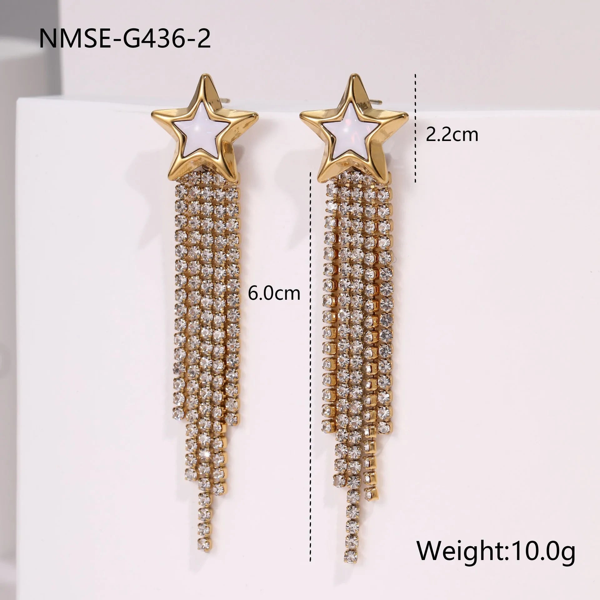 Stainless steel earrings with diamond tassel designs featuring love heart and star geometric shapes