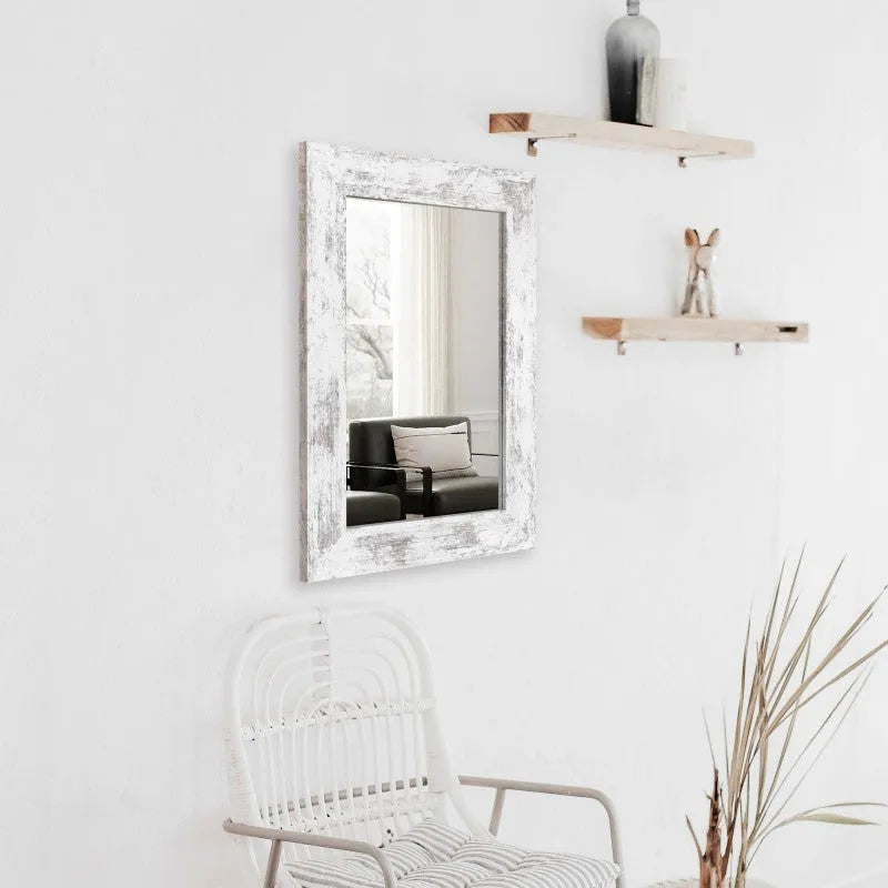 Rectangular wall mounted bathroom mirror with MDF frame in small old white colour with retro Chinese pastoral design