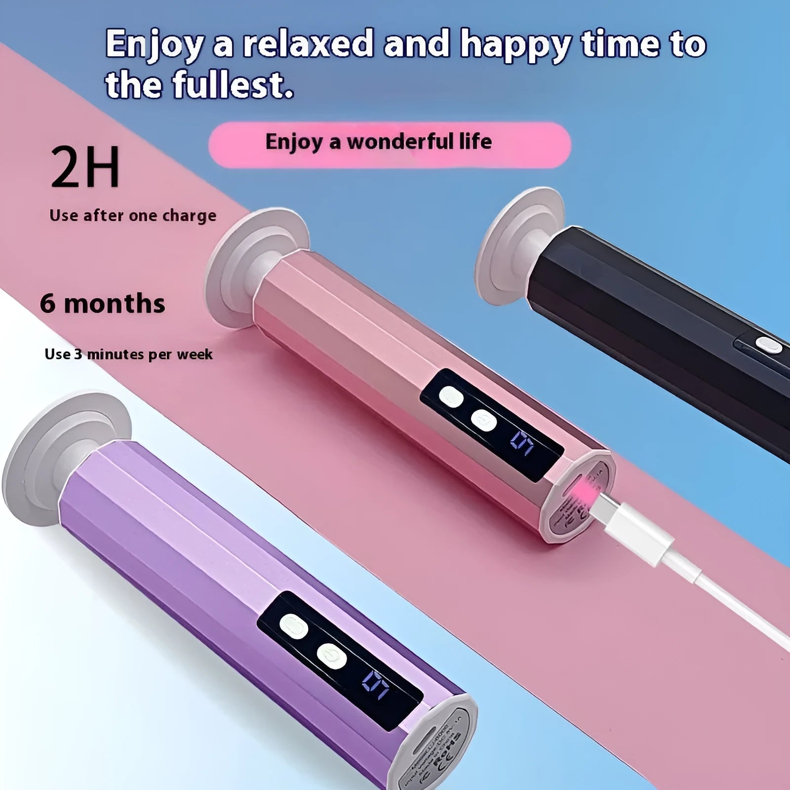 USB-powered electric callus remover foot file with sanding discs in pink, black, or purple.