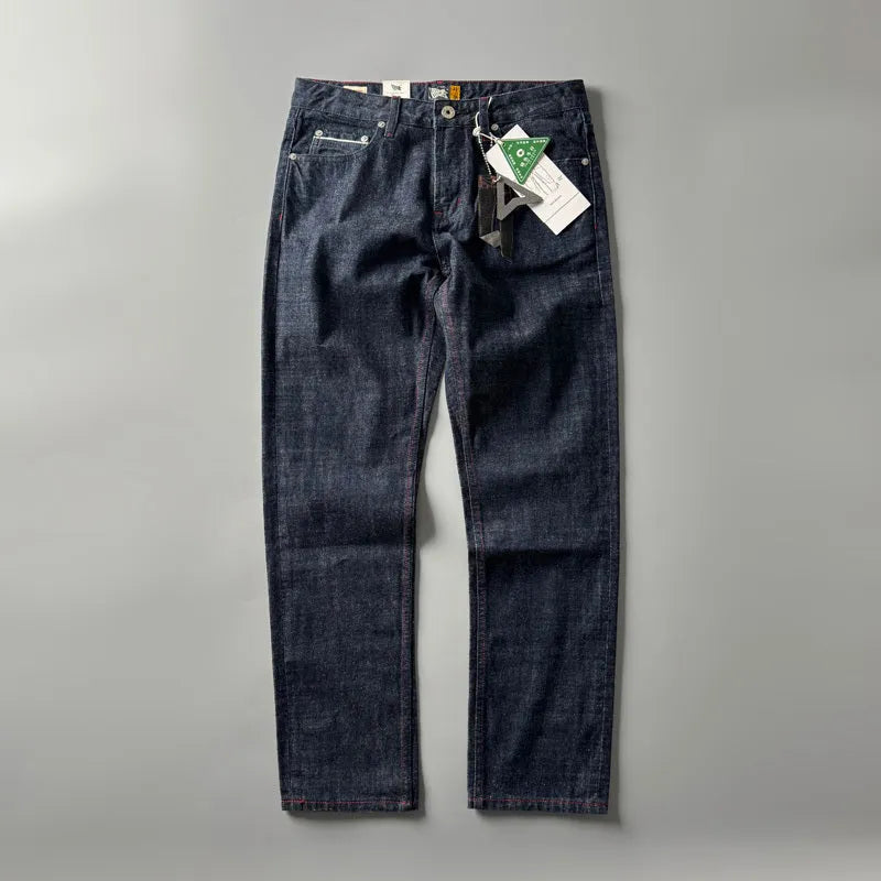 Men's straight-leg denim trousers in primary colour with mid-waist design and classic American retro styling