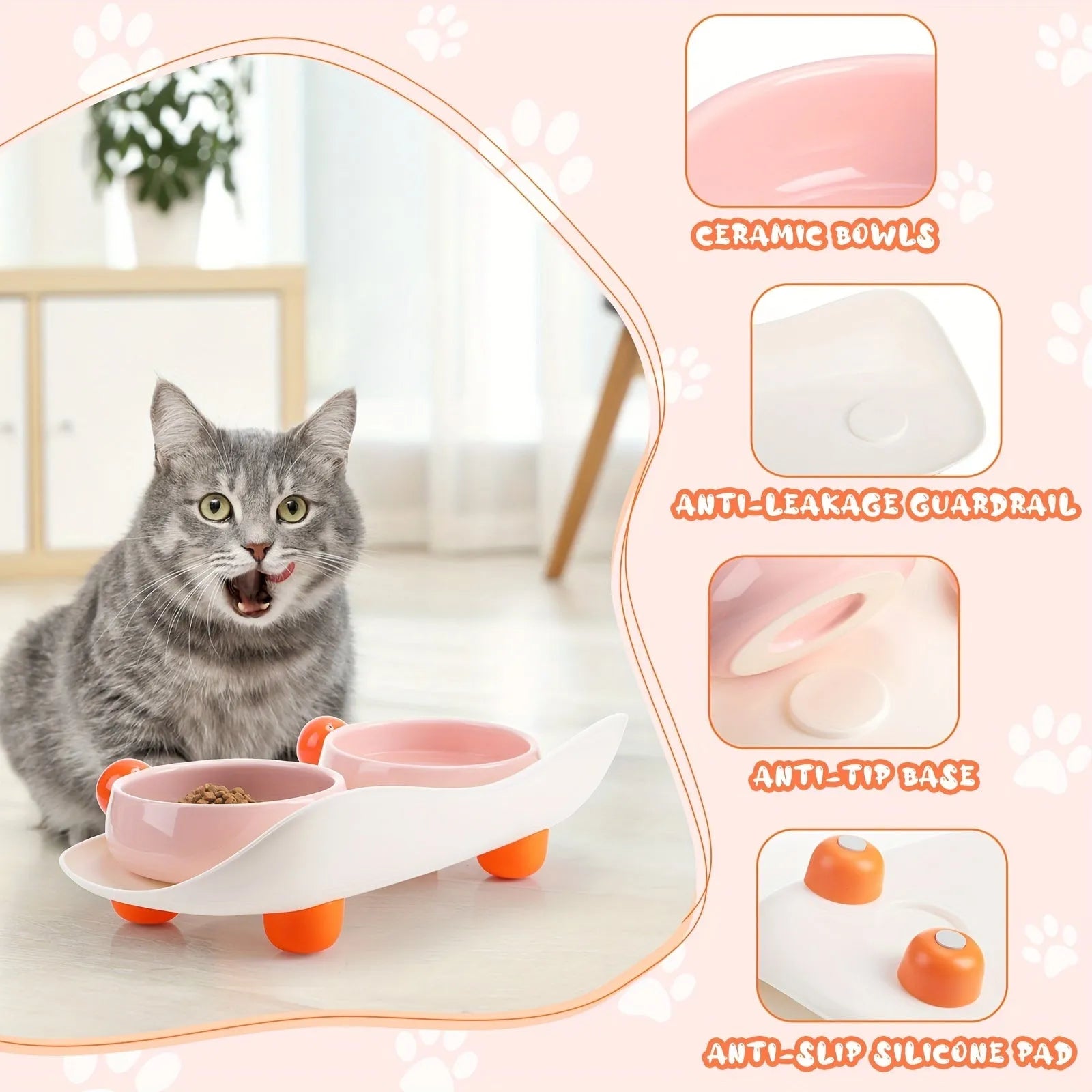 Double ceramic pet bowl set in raised design with non-slip support for small dogs and cats