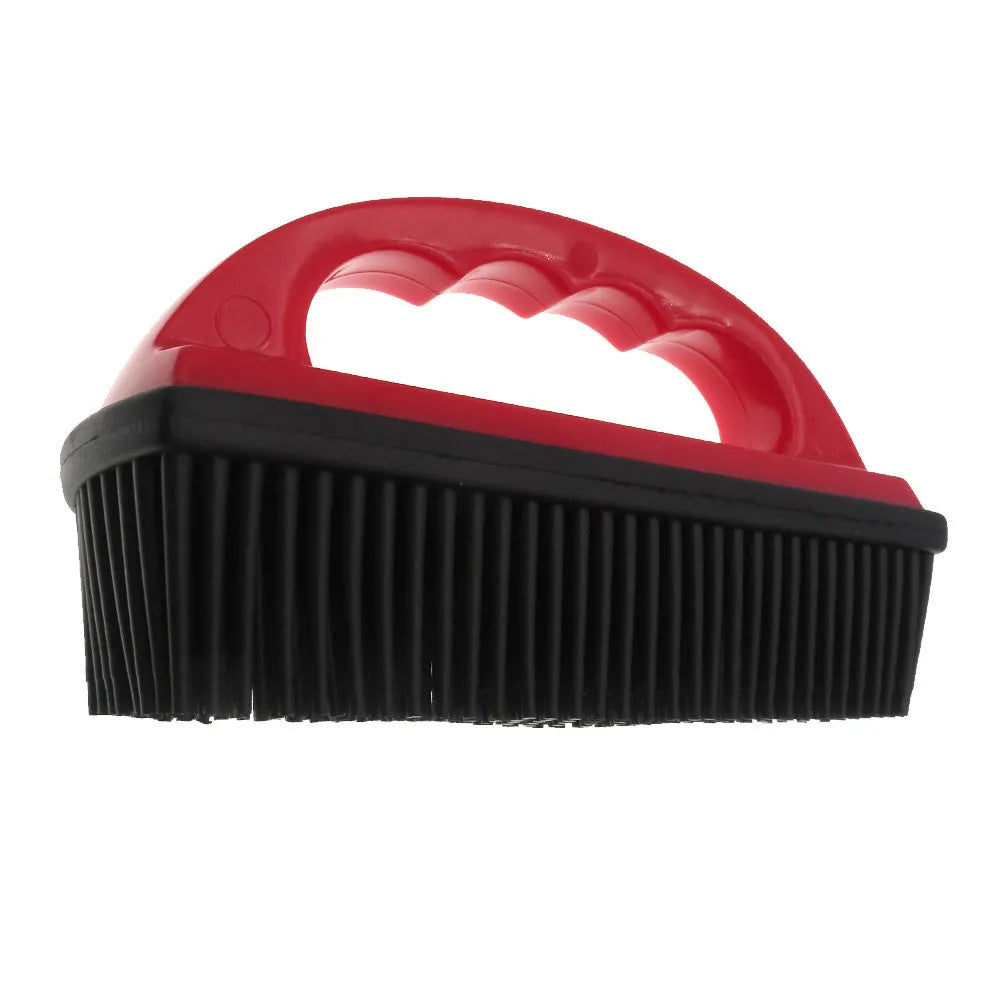 Red silicone pet hair removal brush with rubber bristles for grooming and cleaning