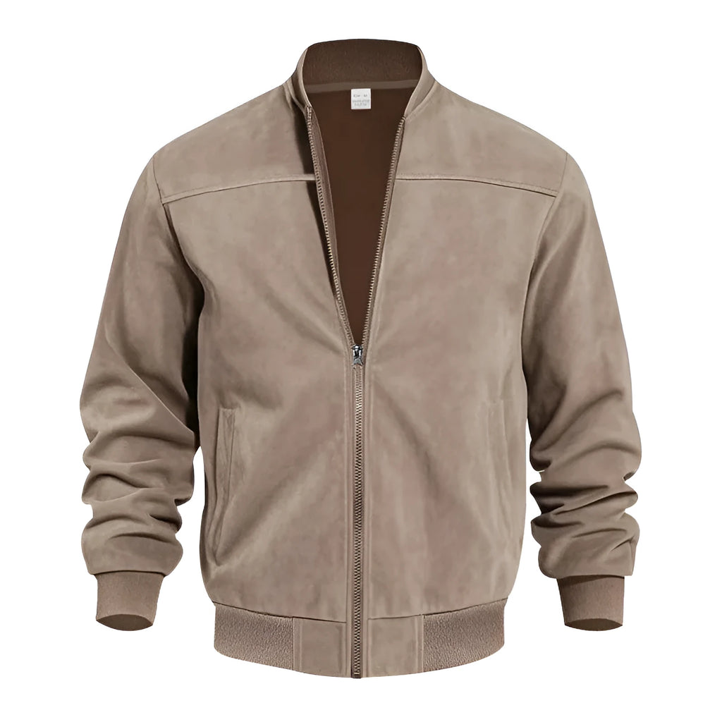 Men's army green suede casual jacket with zipper front on a hanger