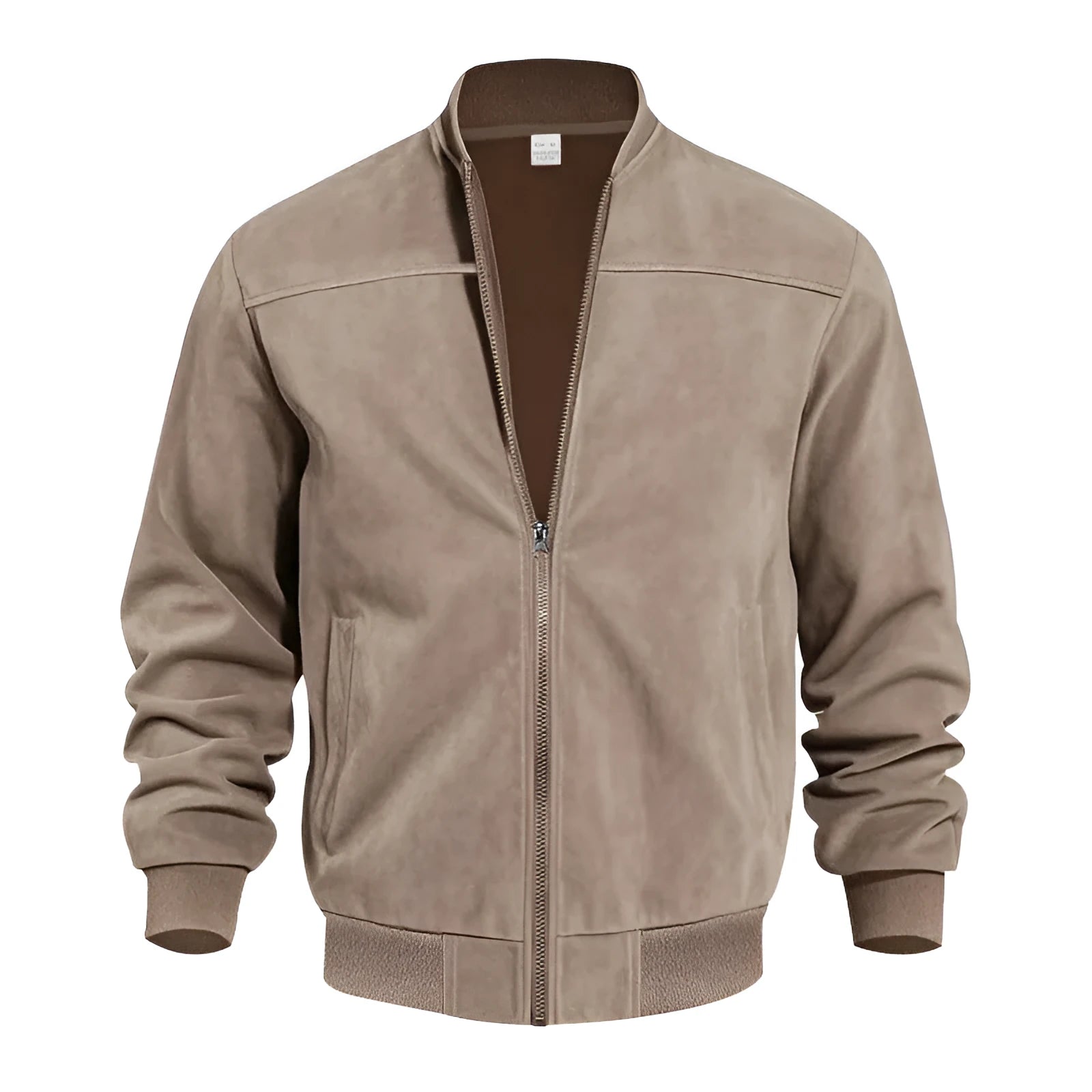 Men's army green suede casual jacket with zipper front on a hanger