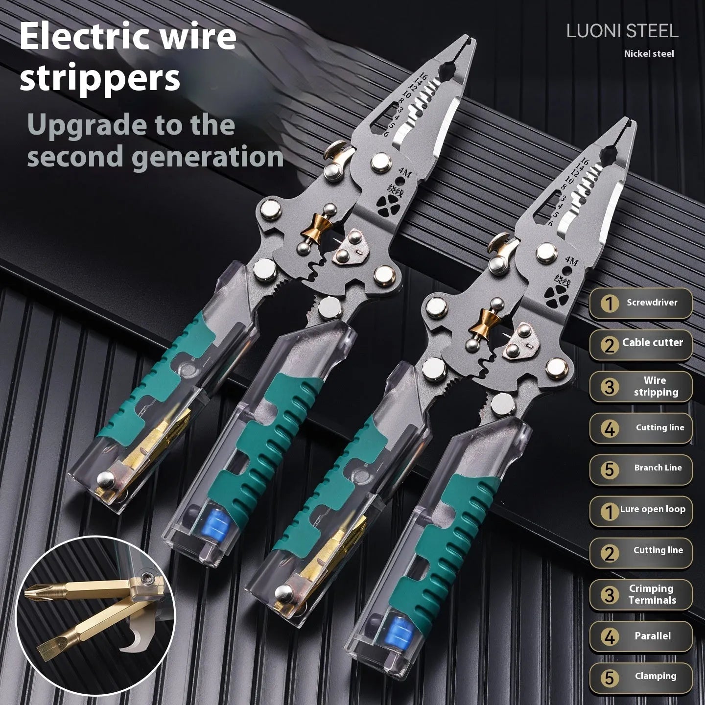 Pointed nose electrician's pliers and wire stripper tool with rust-resistant steel blades.
