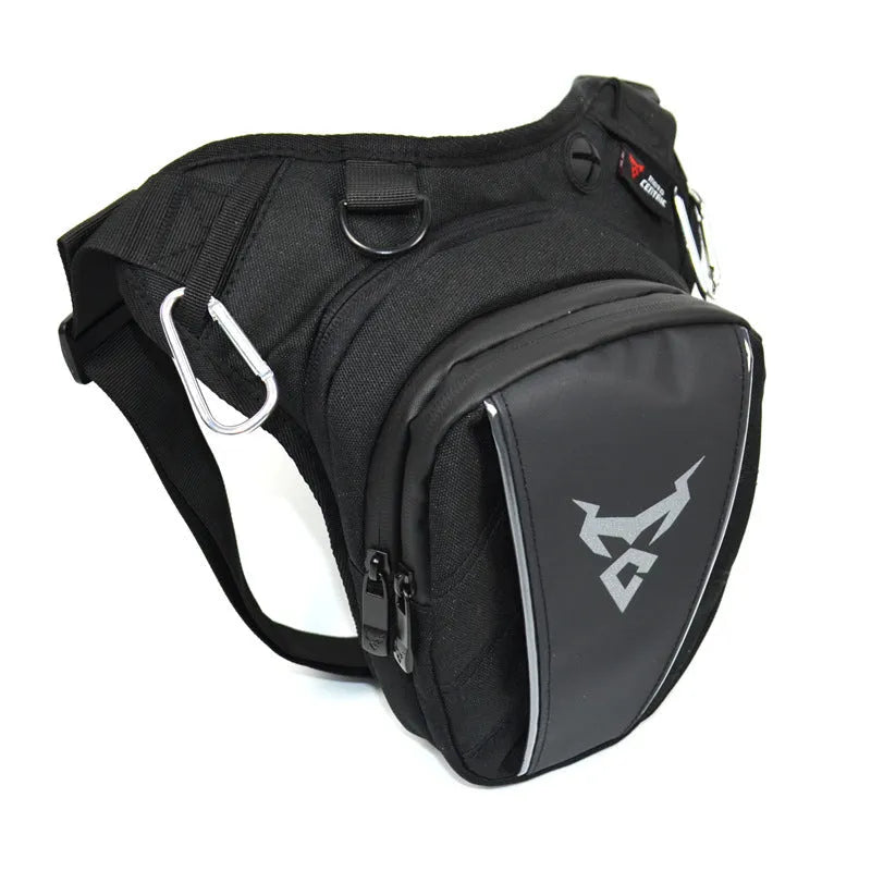 Motorcycle leg bag in red blue green grey colours with adjustable depth and crossbody shoulder waist carry options