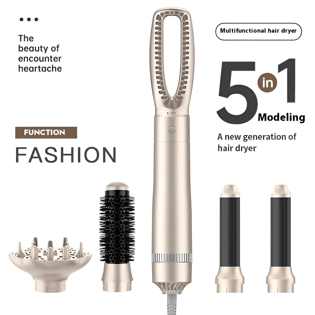 Champagne gold hot air comb hair curler with five-in-one heated attachments for multi-function styling