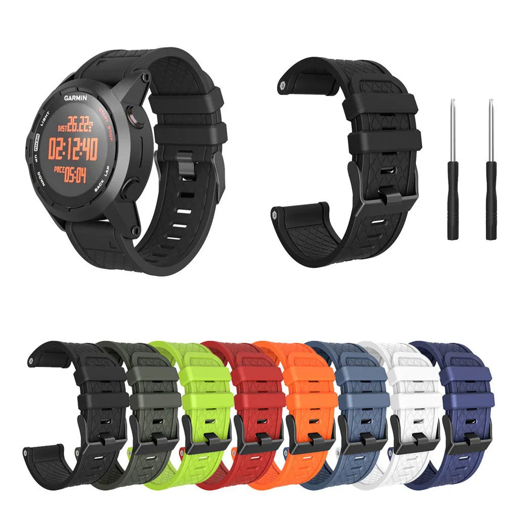 Jiaming watch replacement strap with black silicone and stainless steel buckle showing 26mm width
