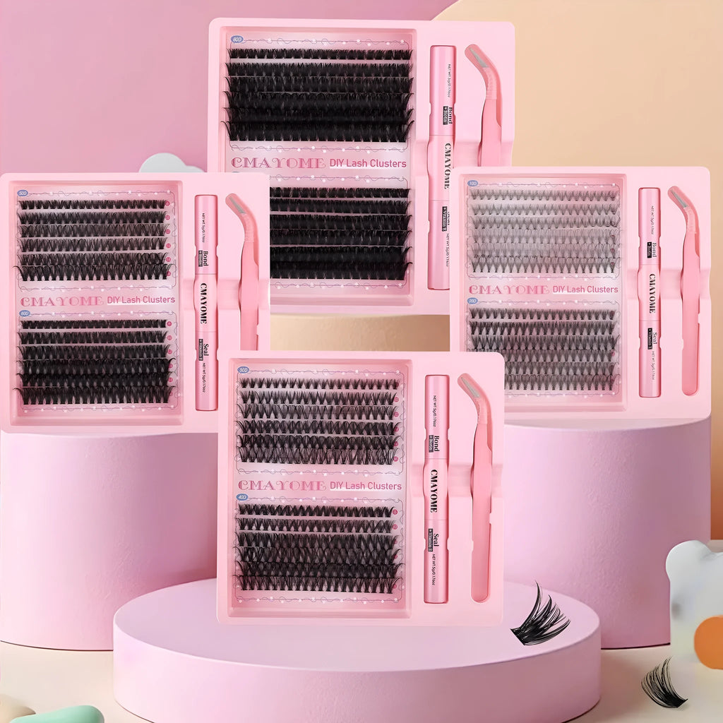 Set of DIY single cluster individual false eyelashes in natural thick mixed split type on a clear tray.