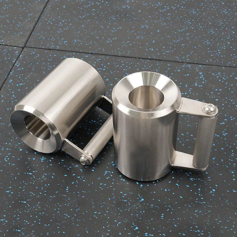 Silver stainless steel dumbbell cup for Olympic barbells weighing 8kg with cast iron construction.