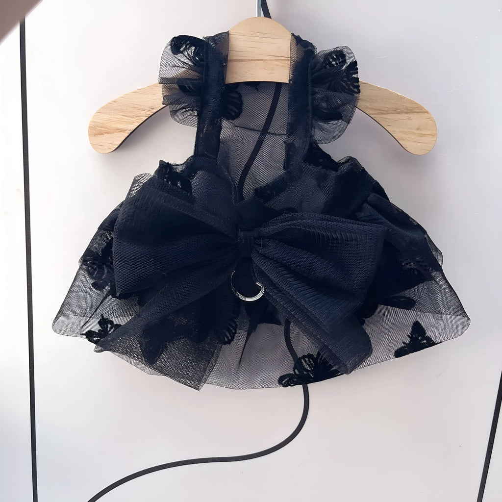 Black gauze princess tulle skirt for a small dog or cat on a mannequin, showing the layered design.