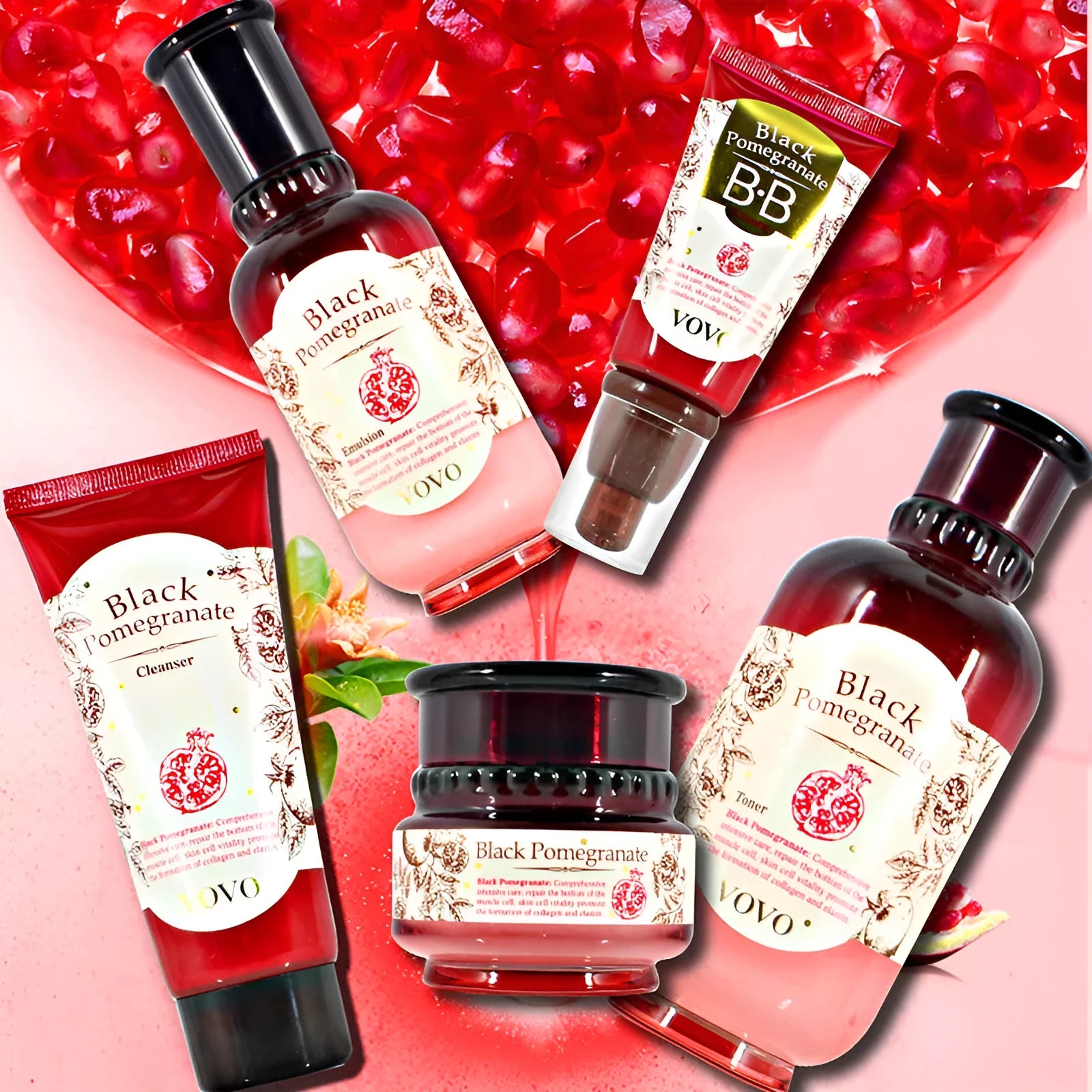 Pomegranate skincare set showing six products: water, milk, cream, essence, eye cream and cleanser