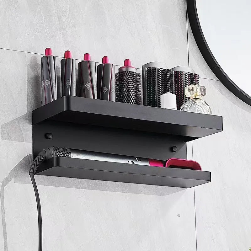 White punch-free double layer aluminium bathroom storage rack holding Marcel wavers on wall