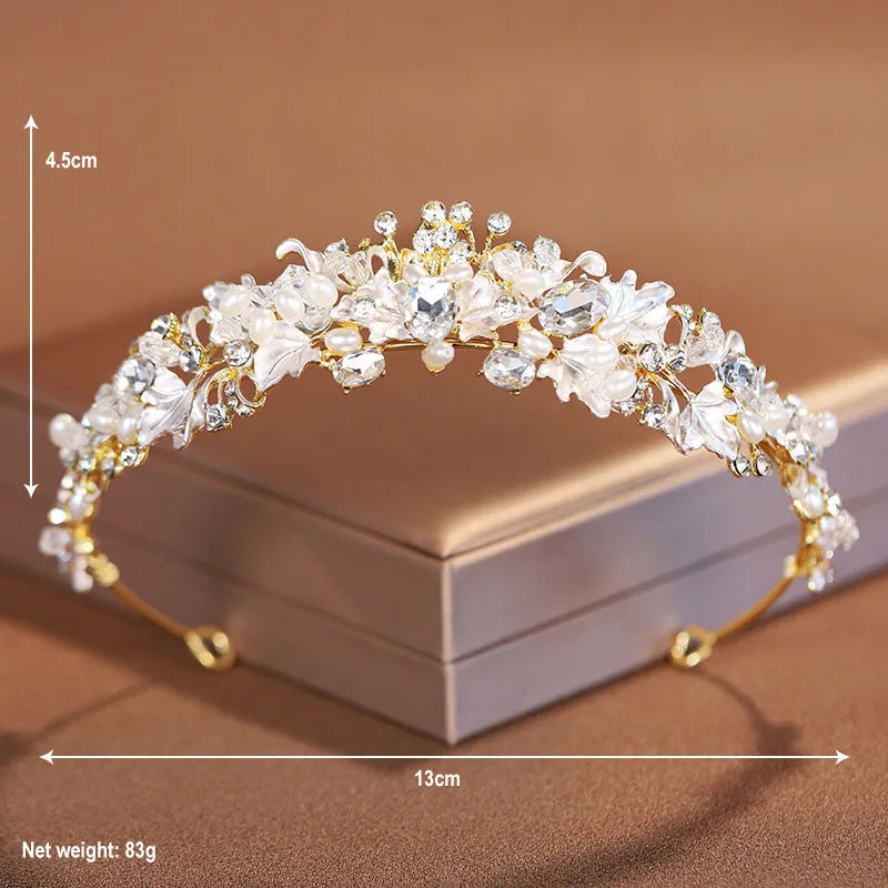 Gold or silver alloy women's crown headdress with pearl decoration for weddings and birthdays