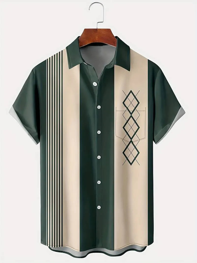 Men's plaid short-sleeved summer shirt in polyester with elastic band fabric