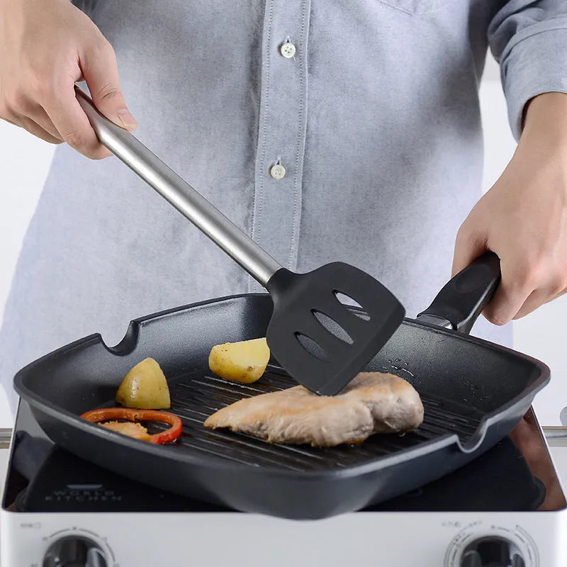 Black silicone-tipped cooking utensils with stainless steel handles, 16-piece set