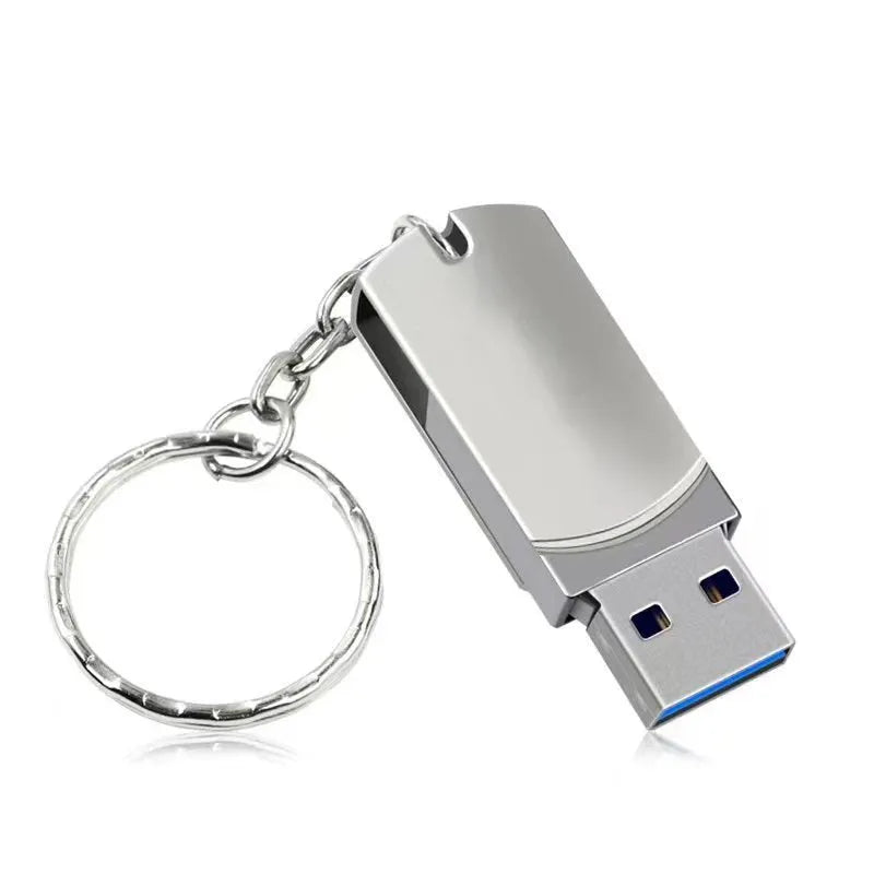 White metal rotary USB flash drive showing compact dimensions and rotating cover mechanism