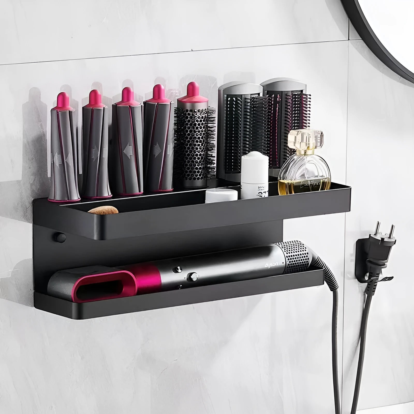 White punch-free double layer aluminium bathroom storage rack holding Marcel wavers on wall
