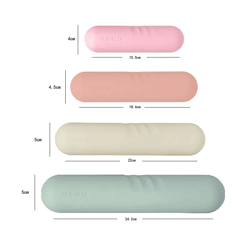Silicone-edged hand-drawn dumbbell stick in various colours and weights for fitness training.