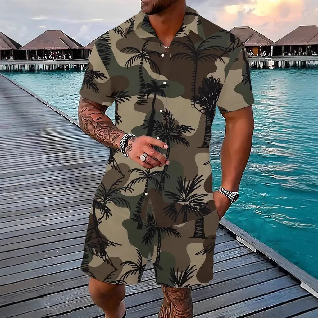 Men's 3D printed Hawaiian style short sleeve lounge suit with matching shorts on a mannequin