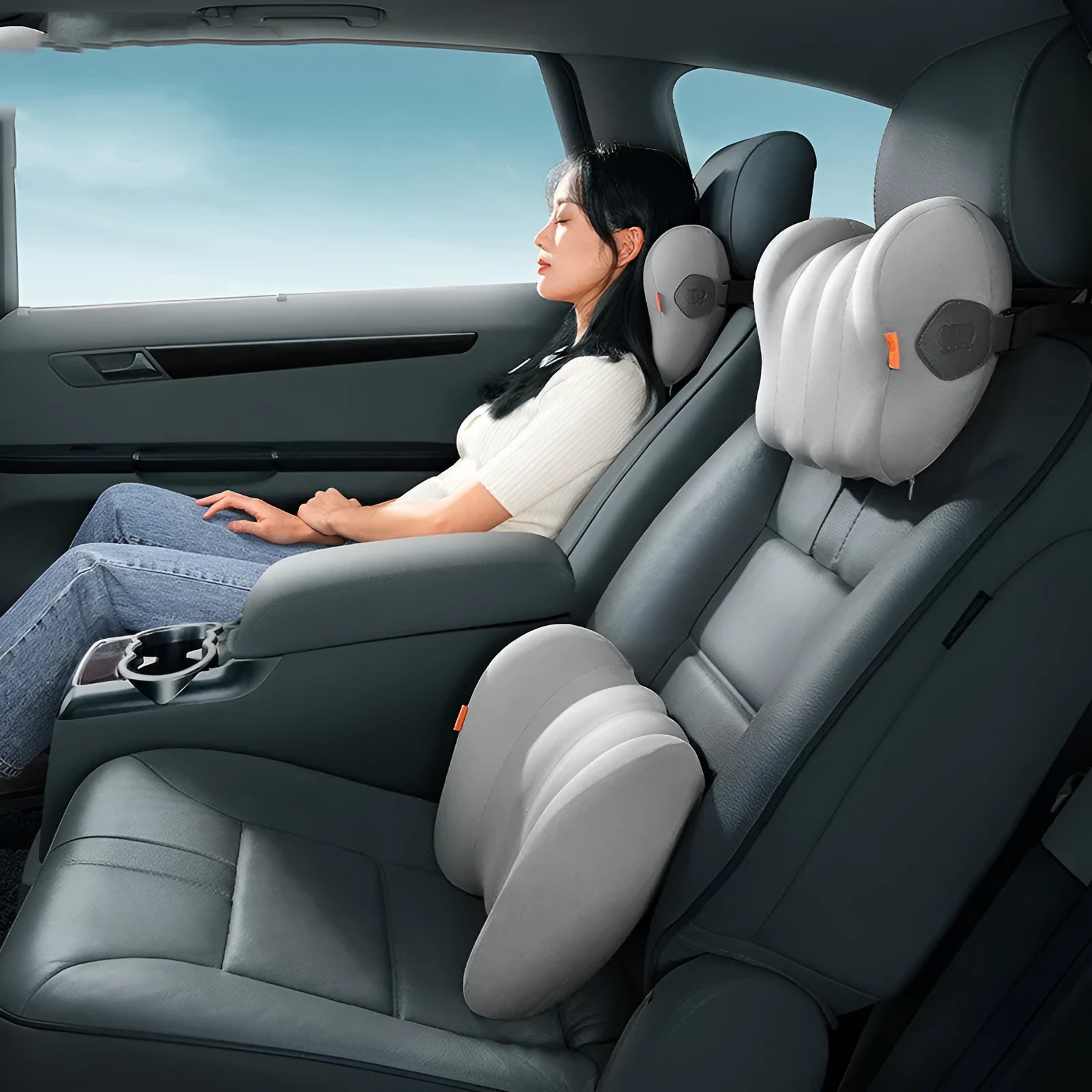 Grey and orange memory foam head restraint and lumbar pillow set for suspension bin car comfort
