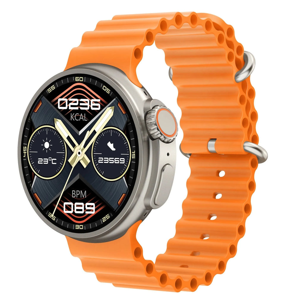 K9 smart watch with 1.39 inch round screen and silicone strap showing interface with health metrics