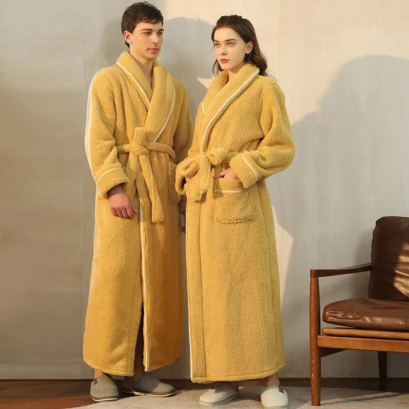 Thickened cotton velvet couple's bathrobe set in winter flannel fabric
