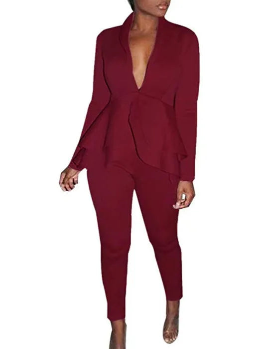 Two-piece polyester business uniform set with ruffled shirt and pencil pants