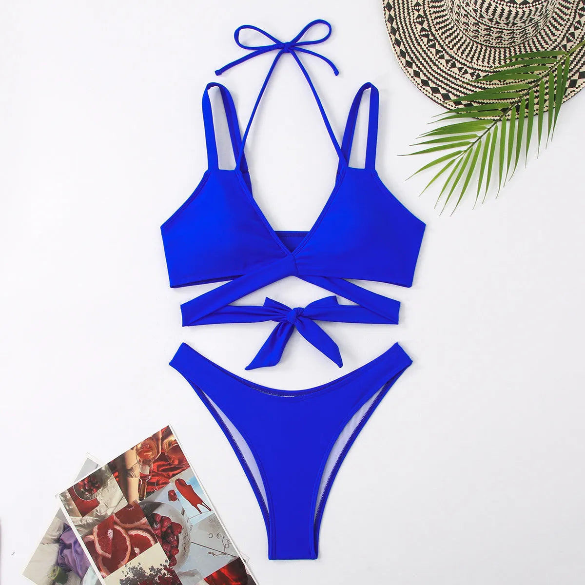 Solid colour strap bikini swimsuit in multiple colour options with sleeveless briefs design