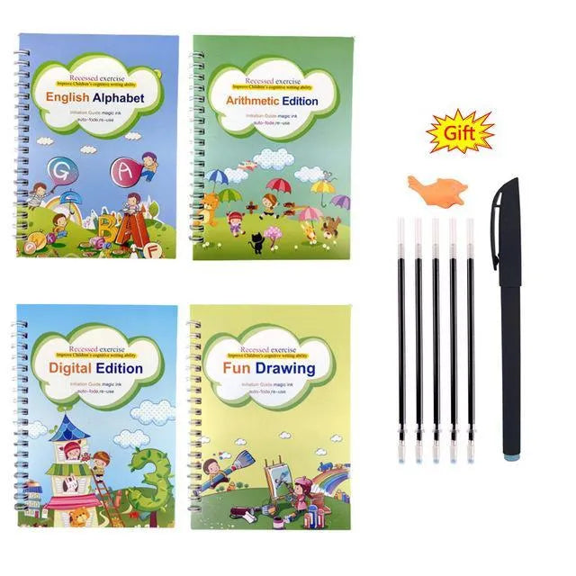 Magic calligraphy copybook set for children showing spellbooks, pens, and refills.