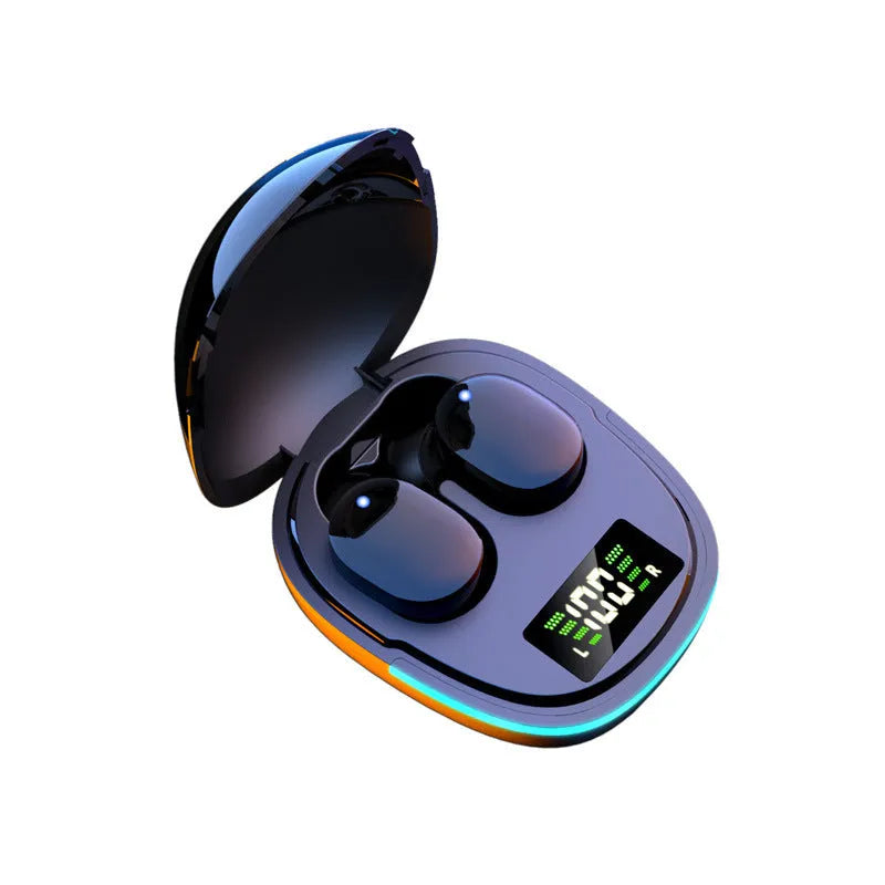 Black true wireless Bluetooth in-ear headphones with charging case showing digital battery display