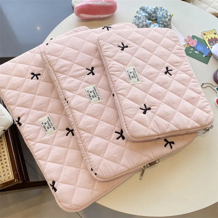Rhombus embroidered bow laptop storage bag in nylon material with size options for 11-inch to 15.6-inch devices