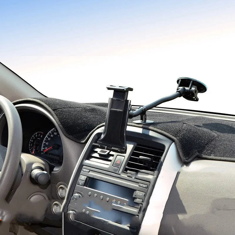 Black vehicle-mounted tablet and phone holder with lifting bracket and long suction cup arm.
