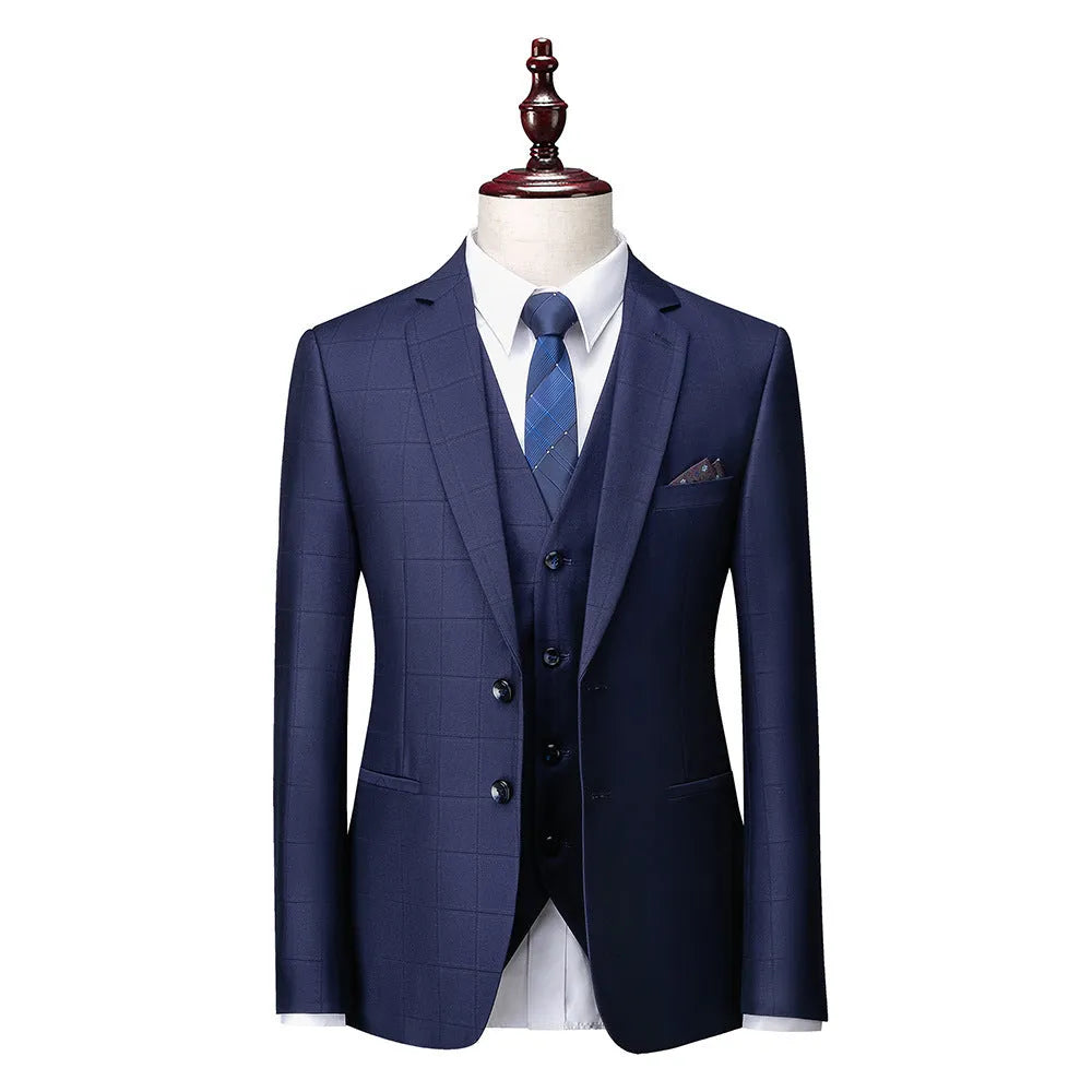 Men's navy blue slim fit three-piece suit with vest on hanger