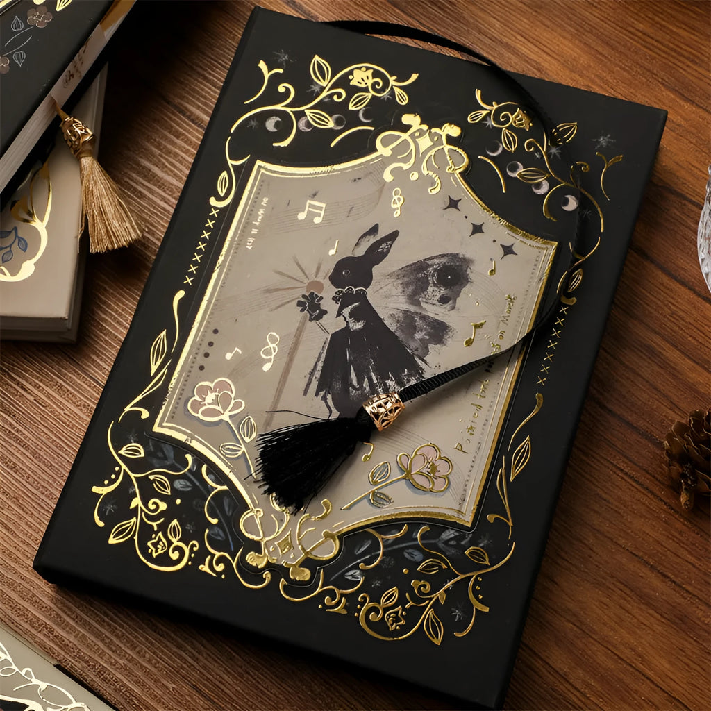 Retro gothic style A5 notebook open on a table, showing detailed cover art and wood pulp paper pages.