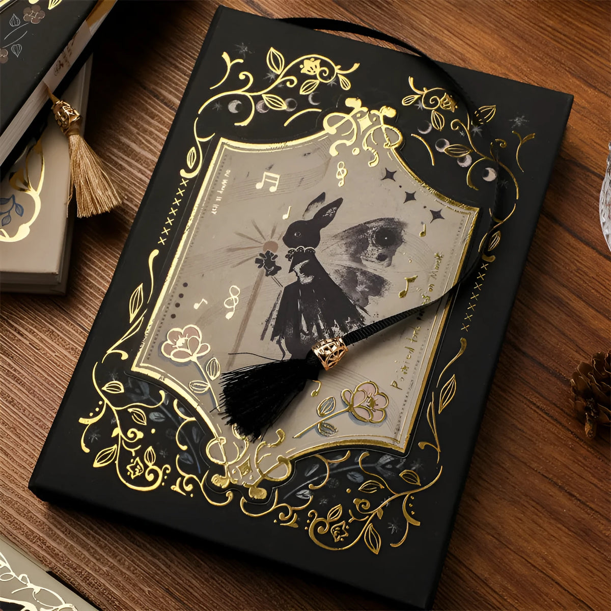 Retro gothic style A5 notebook open on a table, showing detailed cover art and wood pulp paper pages.