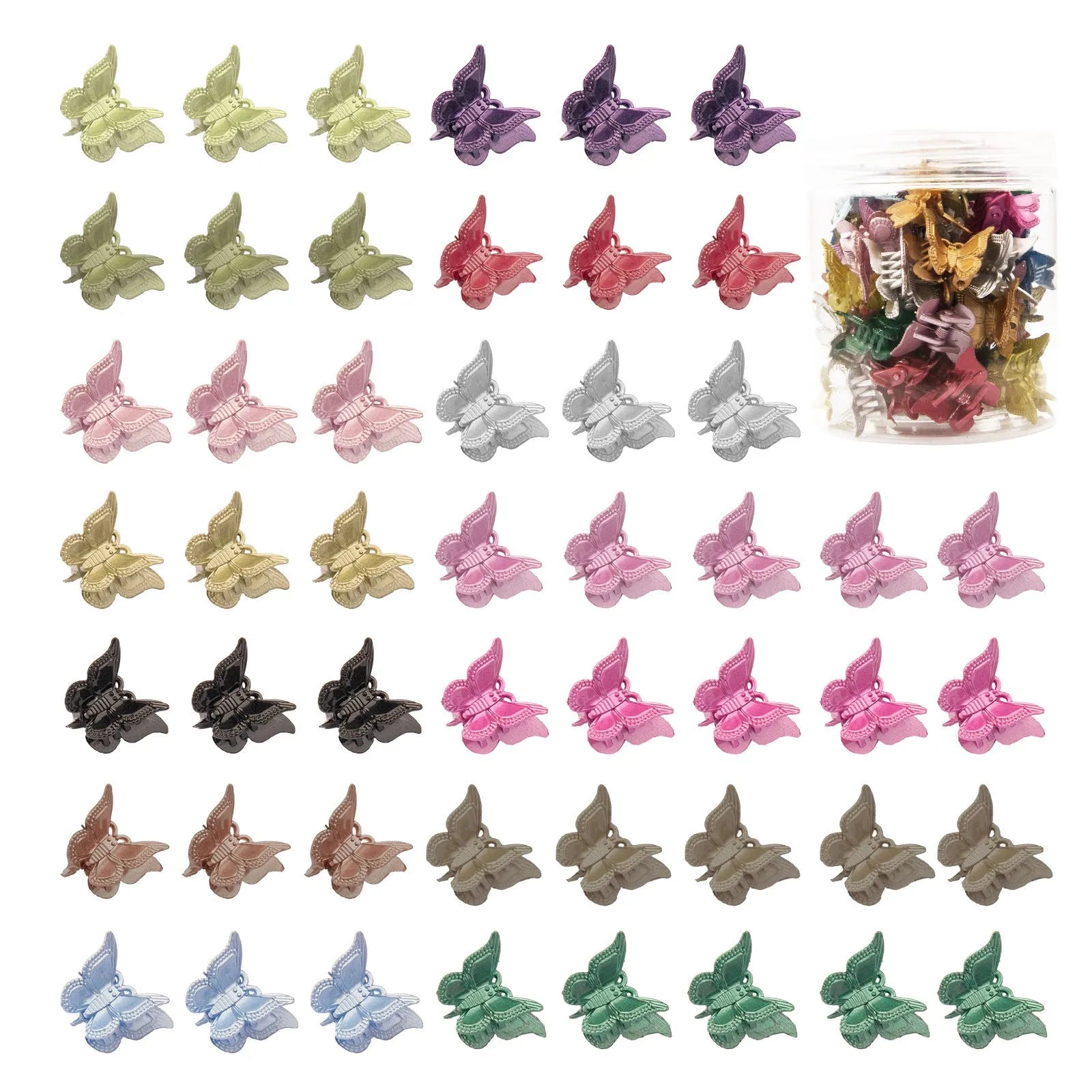 Set of 50 glitter mini butterfly hair claw clips in assorted colours on white background