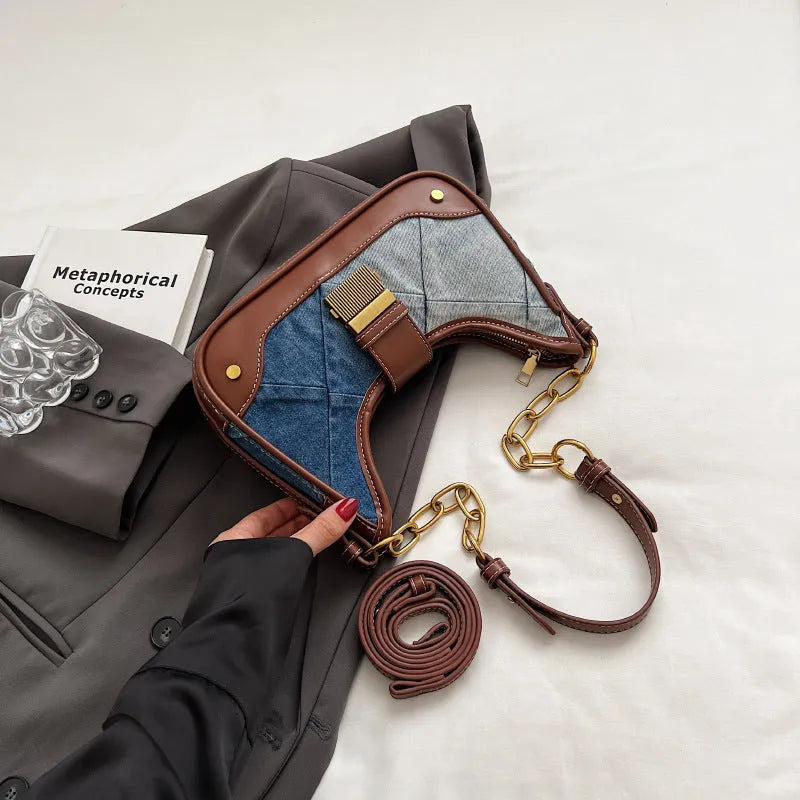 Brown denim women's shoulder bag with diamond chain straps and bucket shape design