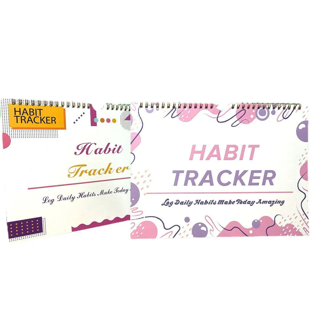 English habit tracking notebook with 12 pages in 21x28cm format showing four colour options