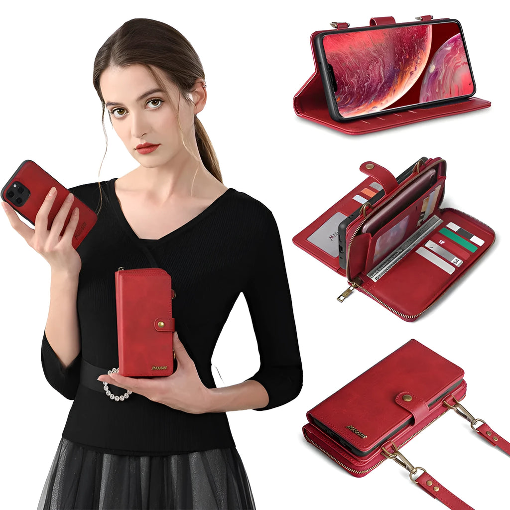 Black detachable magnetic wallet phone case for iPhone and Samsung Galaxy Note on a table.