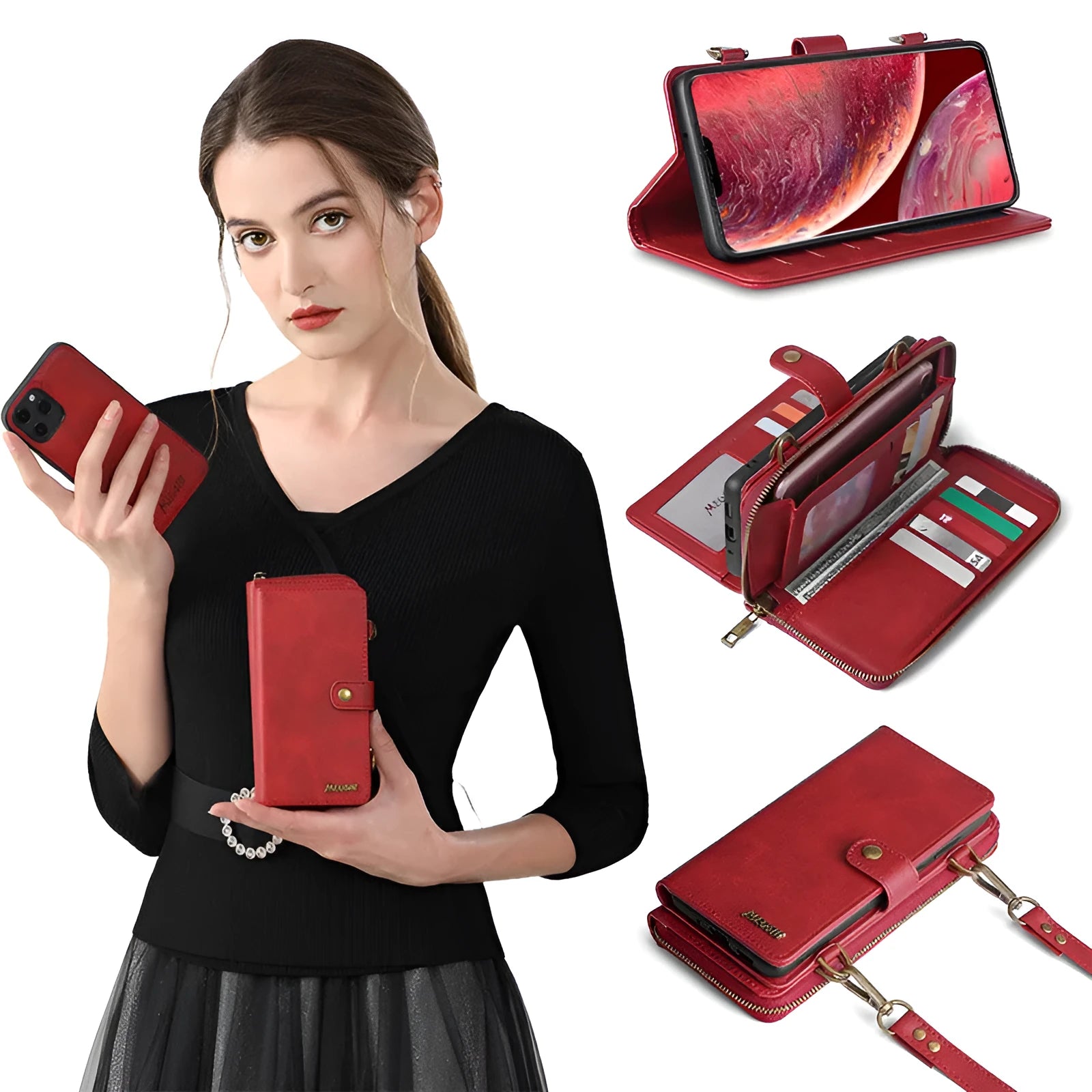 Black detachable magnetic wallet phone case for iPhone and Samsung Galaxy Note on a table.