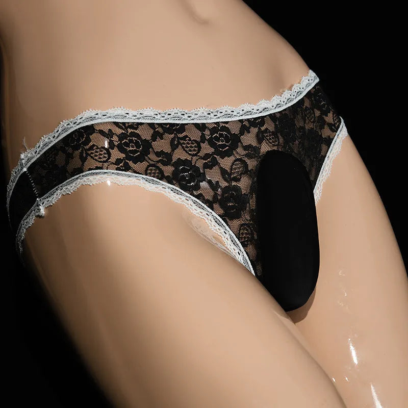 Qing He men's low waist lace shorts with vertical bag egg detail in black colour