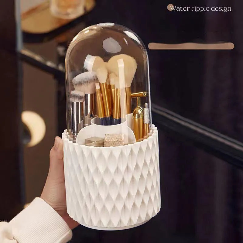 White rotating acrylic makeup brush storage holder with transparent design and dust cover
