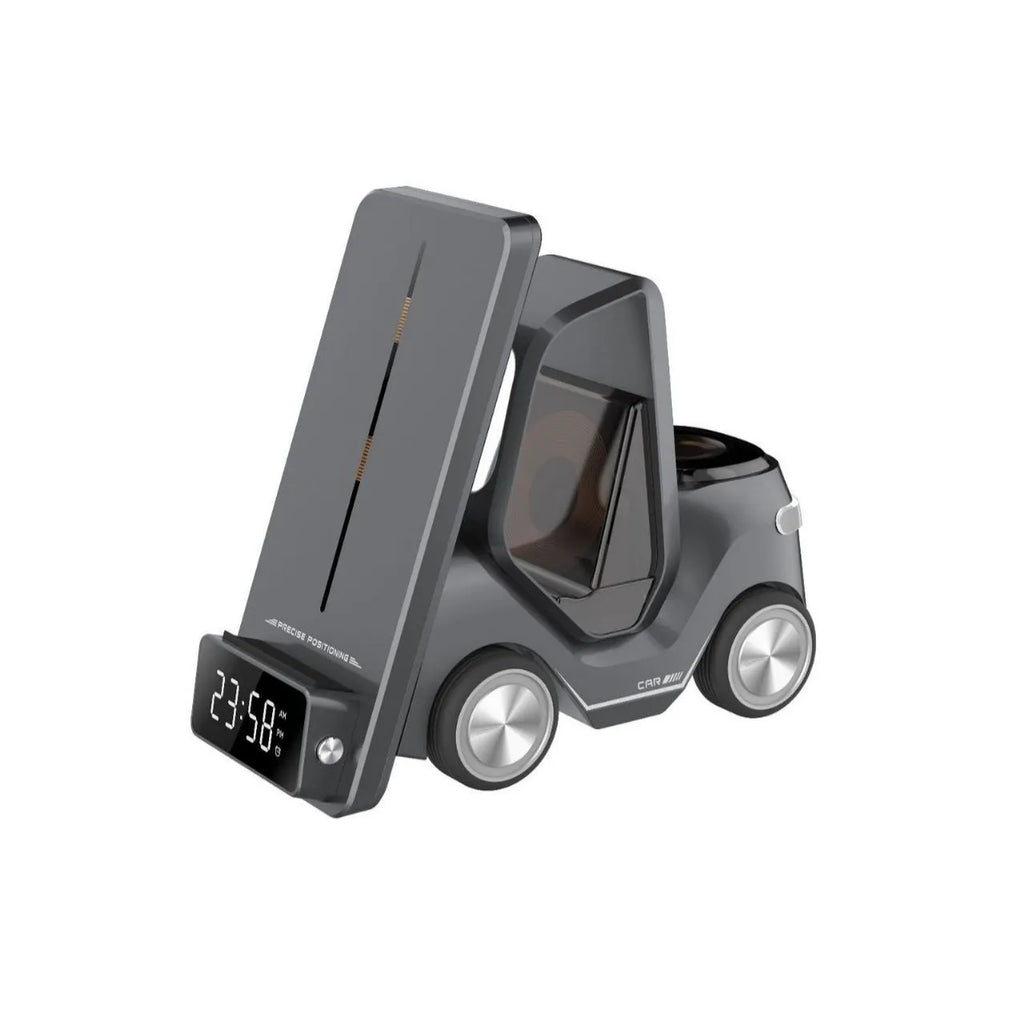 Grey, white, yellow, and orange 15W three-in-one wireless fast charging stand on a desk