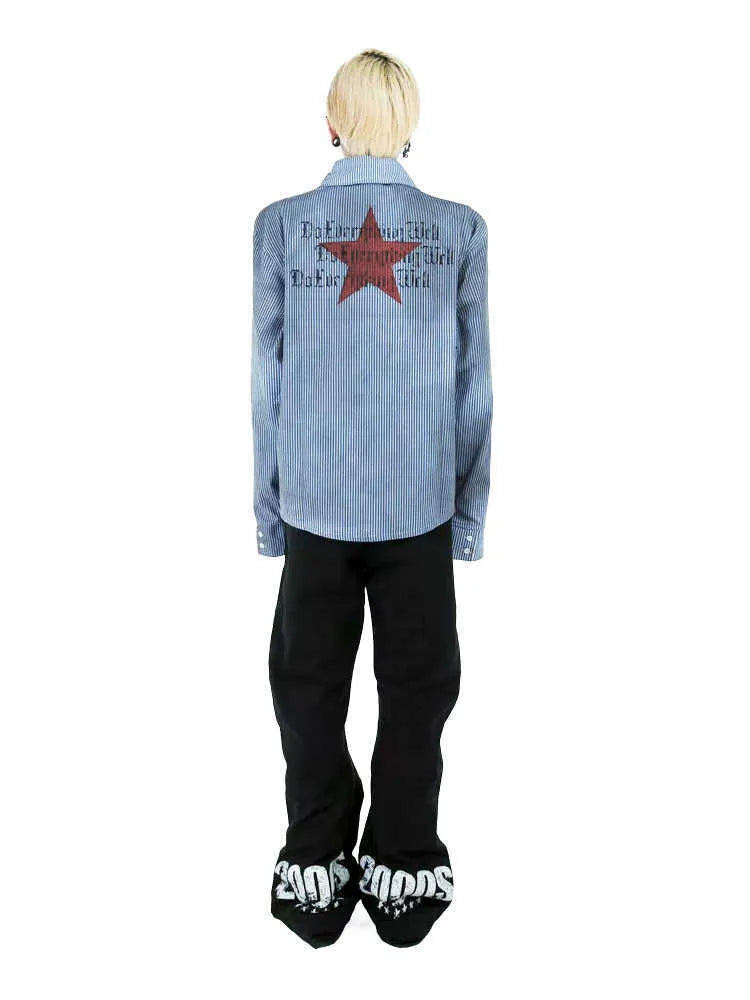 Men's washed blue striped denim shirt with lapel collar and long sleeves on hanger