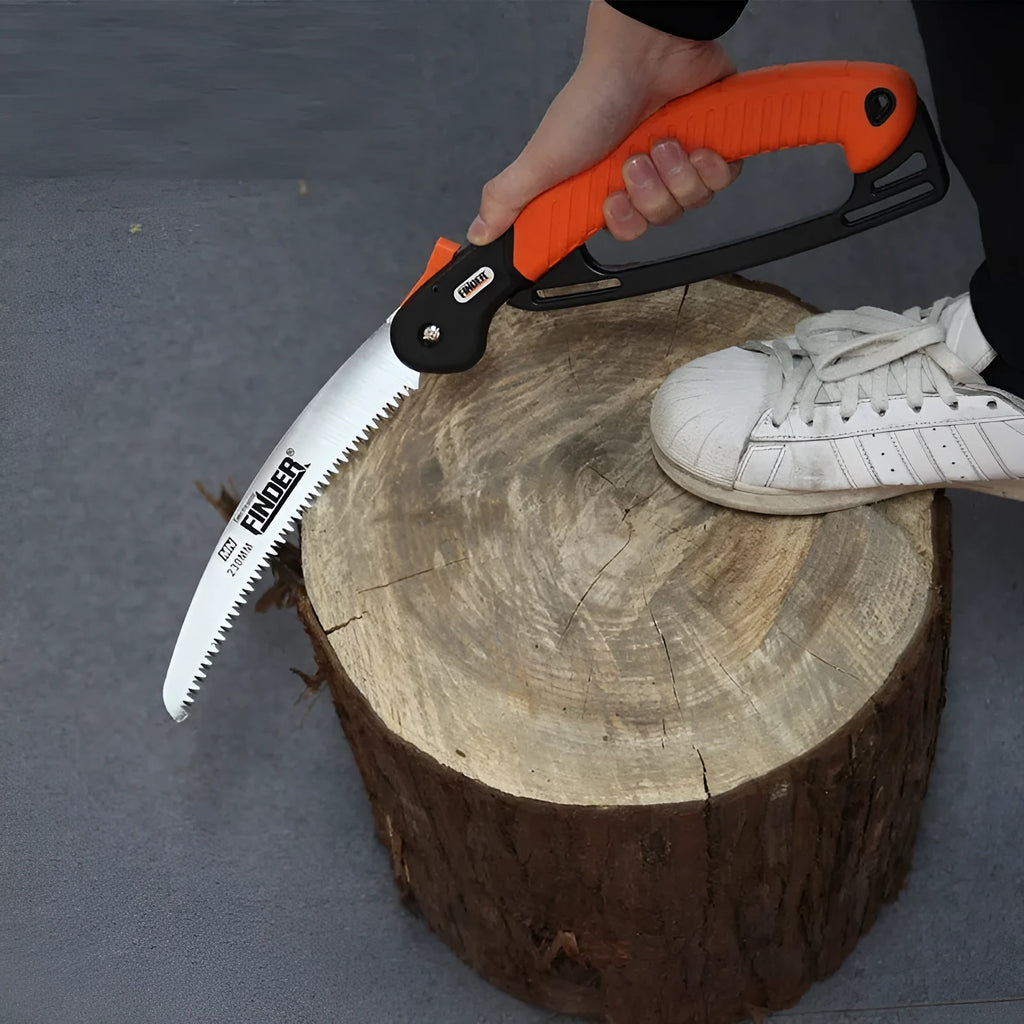 230mm folding hand saw with TPR grip extended for cutting with measurements showing
