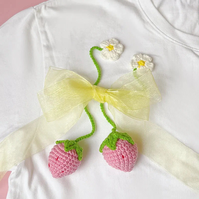 Handmade wool crochet strawberry pendant with 35cm length in red or pink colour