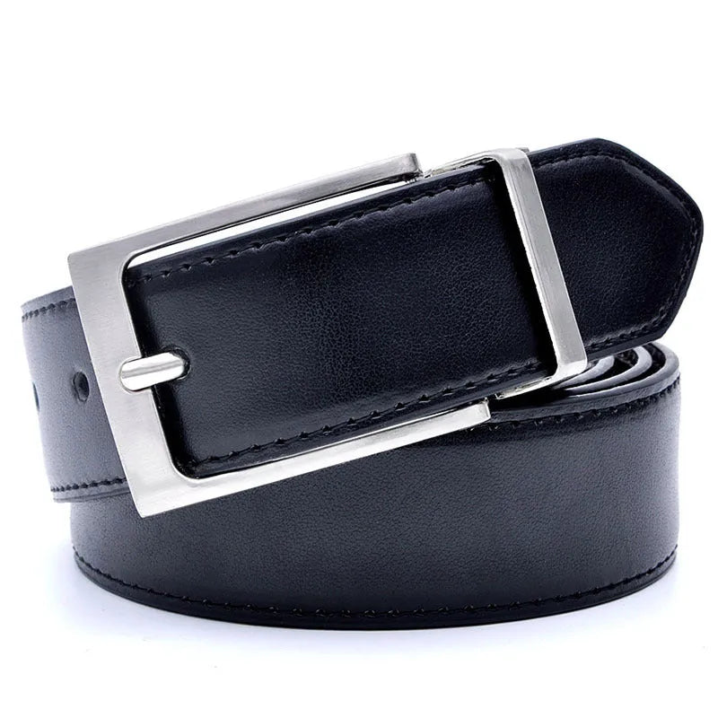 Men's dark brown genuine leather belt with a rotating silver alloy pin buckle on a wooden surface
