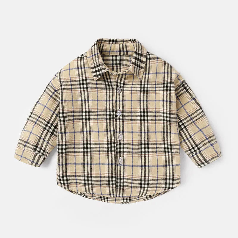 Boy's cotton lattice pattern shirt with long sleeves in khaki colour