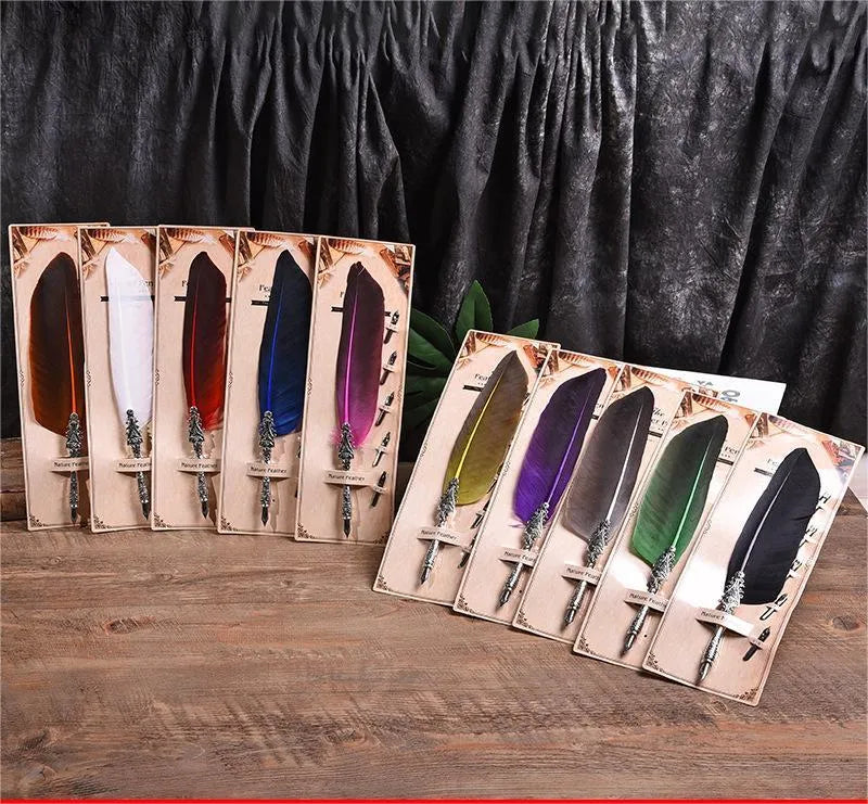 European retro feather dip pen with zinc alloy body in multiple colour options